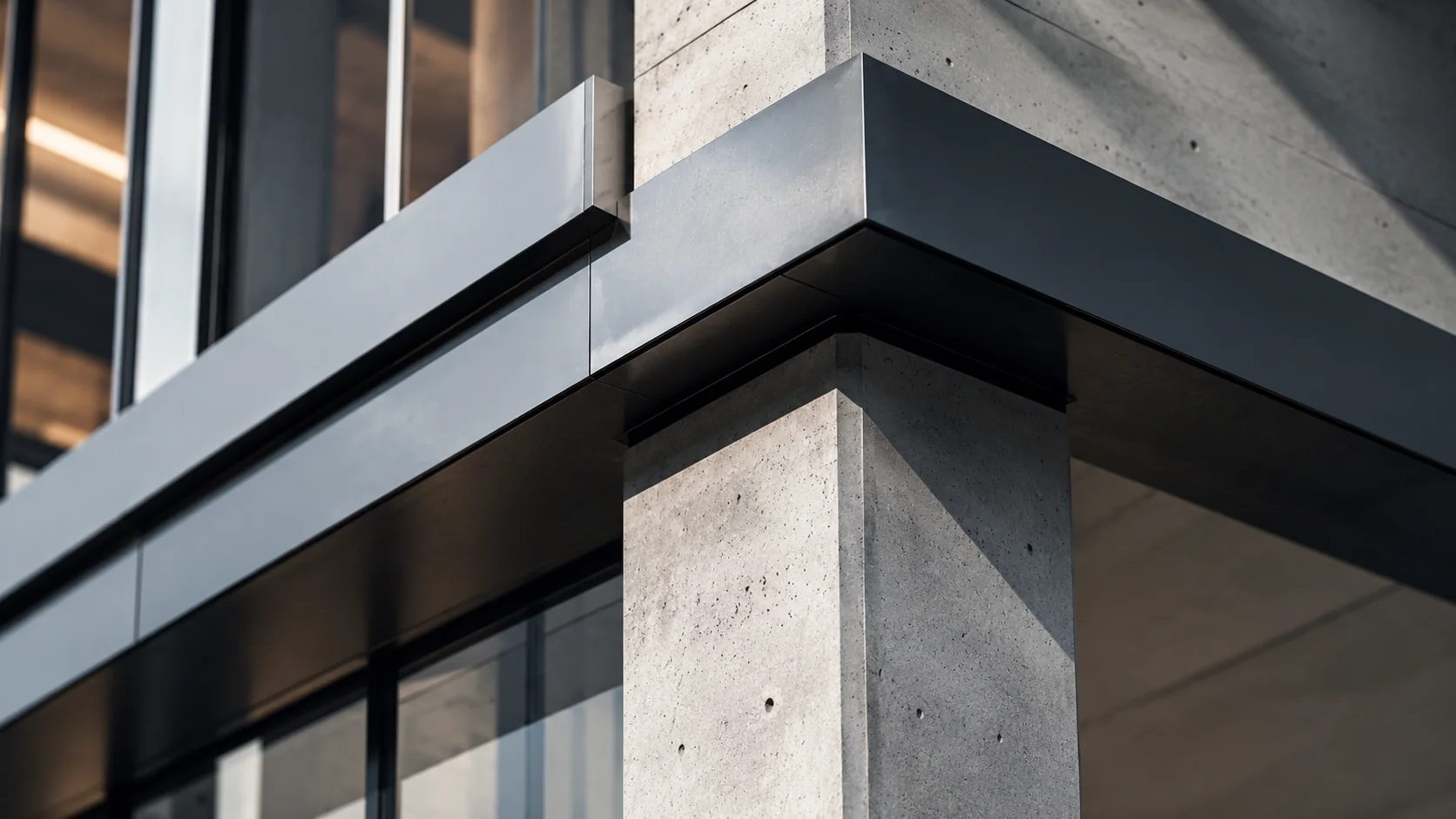 Detail einer hochwertigen Fassade aus Beton, Glas und Metall
